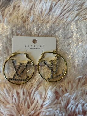 Gold-Tone Hoop Earrings with Crystal Monogram Accent